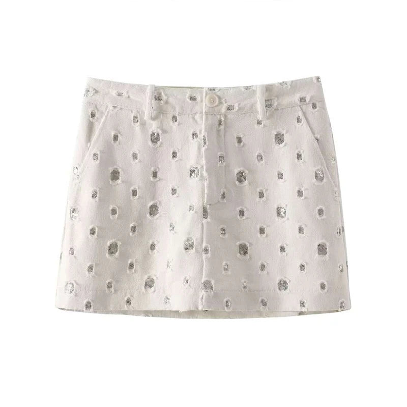 Summer Outfits- Distressed Sequin Mini Skirt & Vest Set for Festive Occasion- Skirt- Chuzko Women Clothing