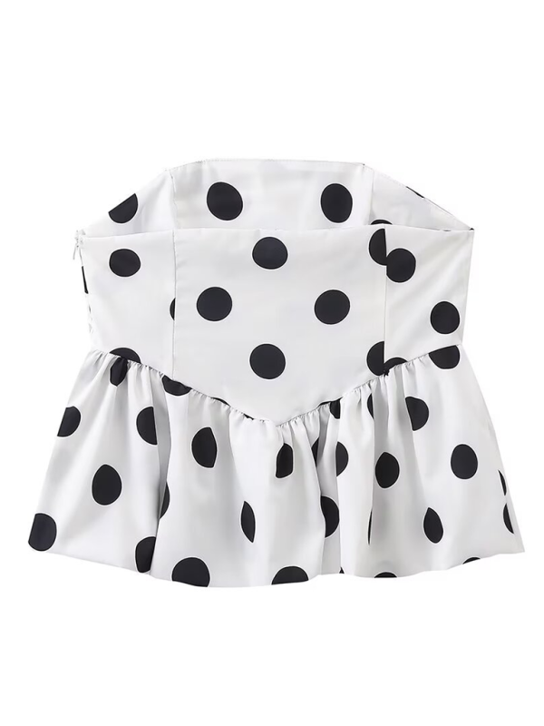 Summer Outfits- Festive Polka Dot Peplum Tube Top & Pleated Mini Skirt- - Chuzko Women Clothing