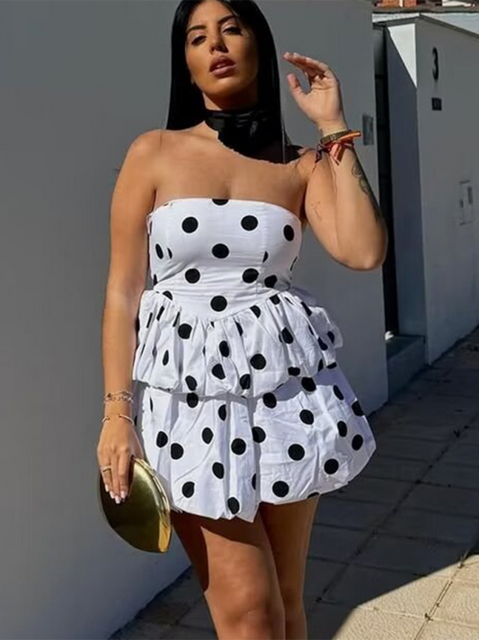 Summer Outfits- Festive Polka Dot Peplum Tube Top & Pleated Mini Skirt- White- Chuzko Women Clothing