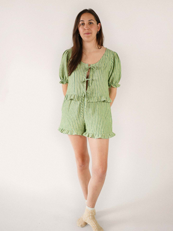 Summer Outfits- Floral Summer Lounge Set with Tie-Up Top and Shorts- Green- Chuzko Women Clothing