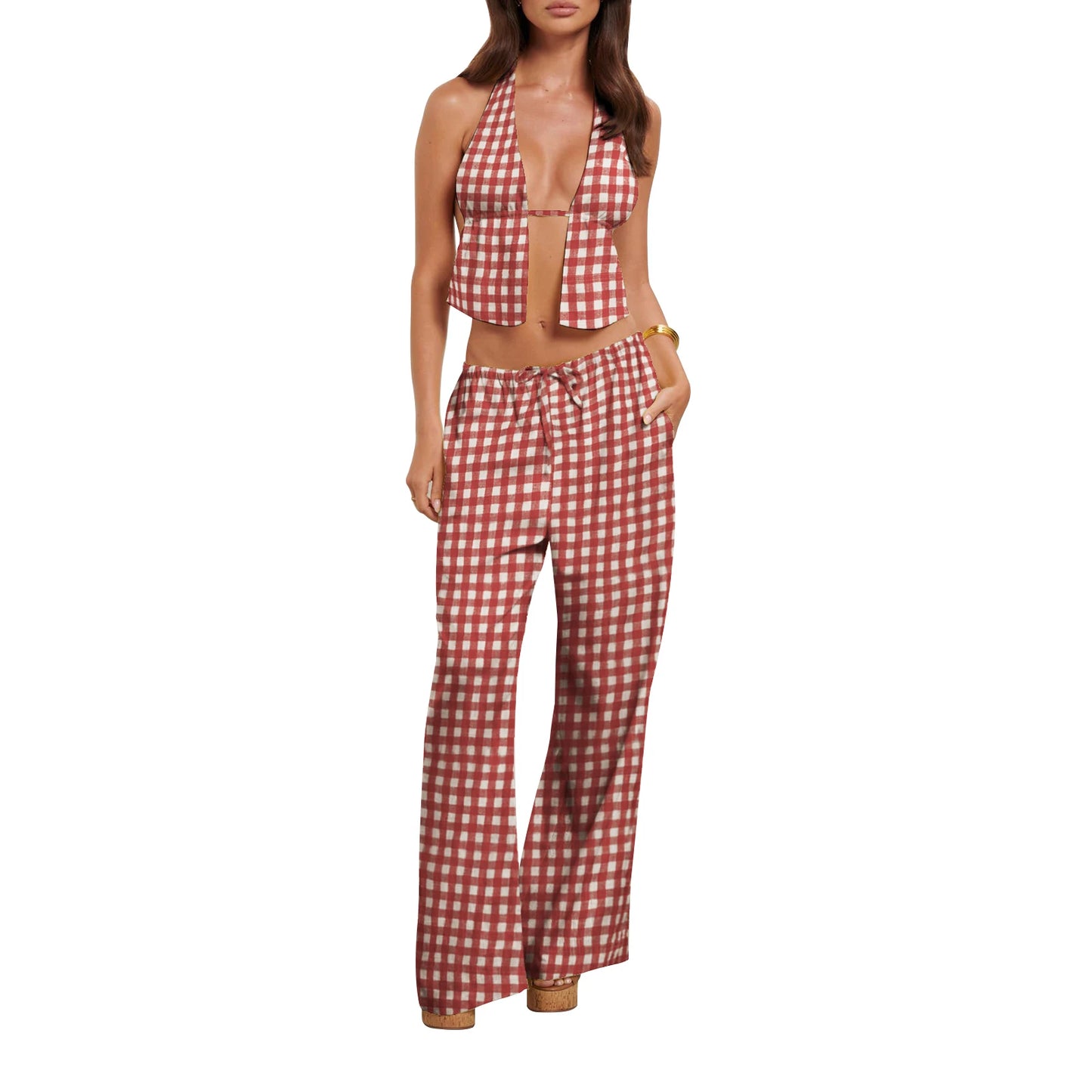 Summer Outfits- Halter Top & Striped Wide-Leg Pants for Summer Casual Outings- H- Chuzko Women Clothing