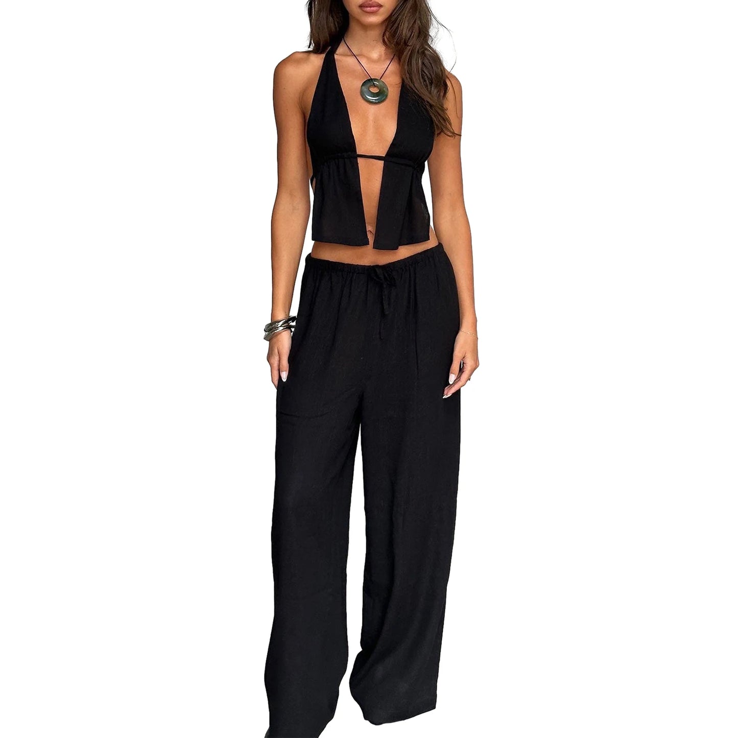 Summer Outfits- Halter Top & Striped Wide-Leg Pants for Summer Casual Outings- A- Chuzko Women Clothing