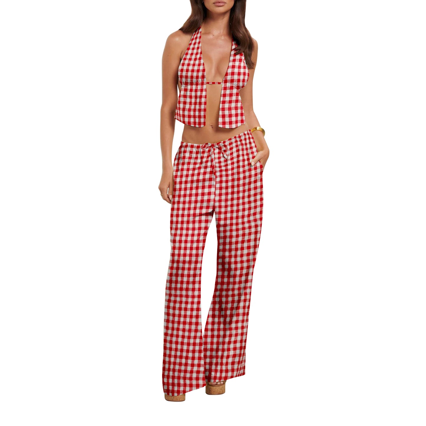 Summer Outfits- Halter Top & Striped Wide-Leg Pants for Summer Casual Outings- E- Chuzko Women Clothing