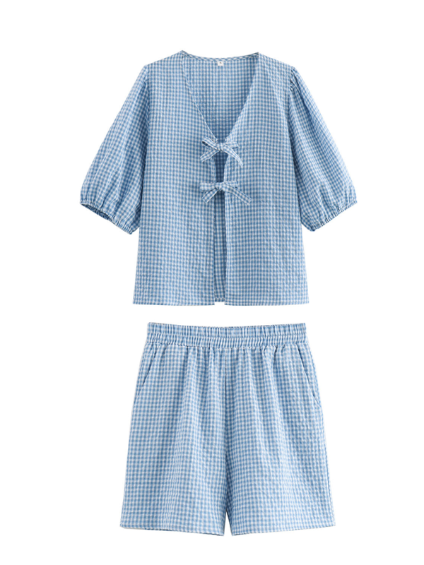 Summer Outfits- Lounge Wear Gingham Lace-Up Top & Shorts for Women's Summer- Blue- Chuzko Women Clothing