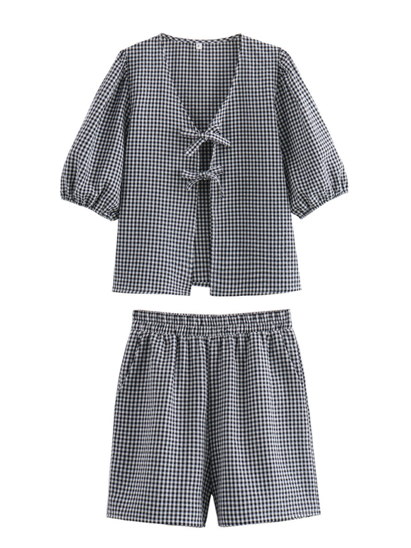 Summer Outfits- Lounge Wear Gingham Lace-Up Top & Shorts for Women's Summer- Black- Chuzko Women Clothing