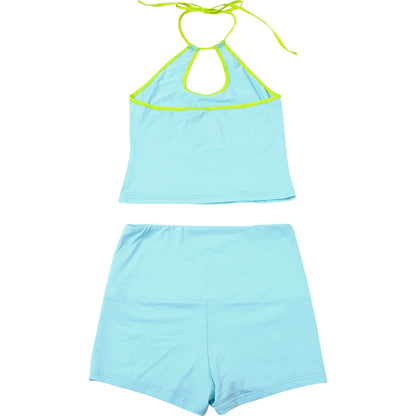 Neon-Edged Halter and Shorts Set for the Active Woman
