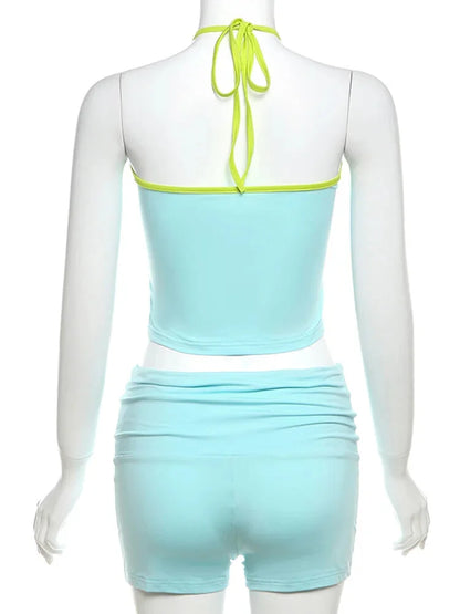 Neon-Edged Halter and Shorts Set for the Active Woman