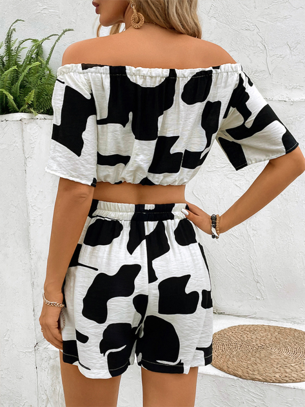 Summer Outfits- Off-Shoulder Women's Abstract Print Crop Blouse & Shorts for Summer Getaways- - Chuzko Women Clothing
