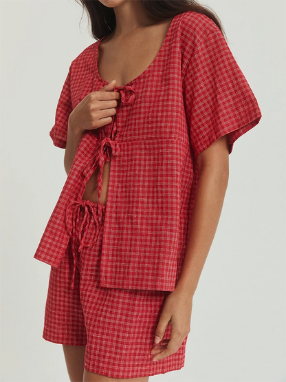 Plaid Playful Tie-Front Top & Shorts - Ideal for Day Outings