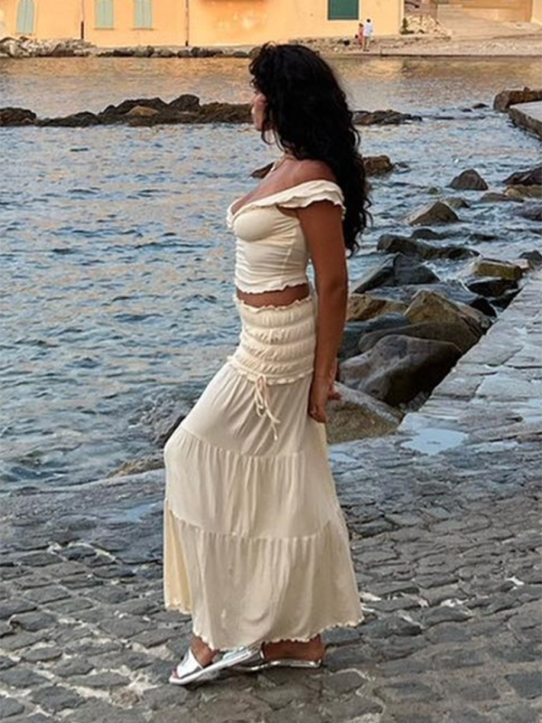 Summer Outfits- Romantic Off-Shoulder Top with Dreamy Tiered Skirt - Boho Outfit- - Chuzko Women Clothing