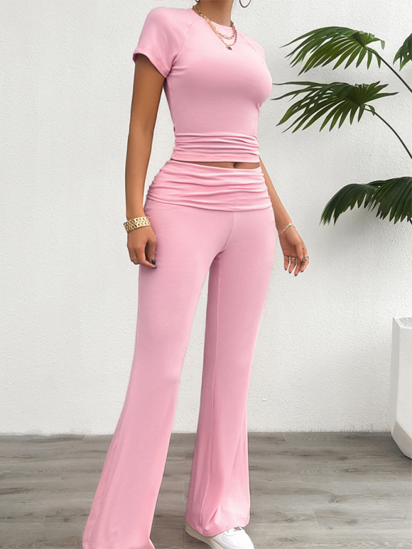 Summer Outfits- Sportswear Duo Tee & Wide Waistband Palazzo Pants- - Chuzko Women Clothing