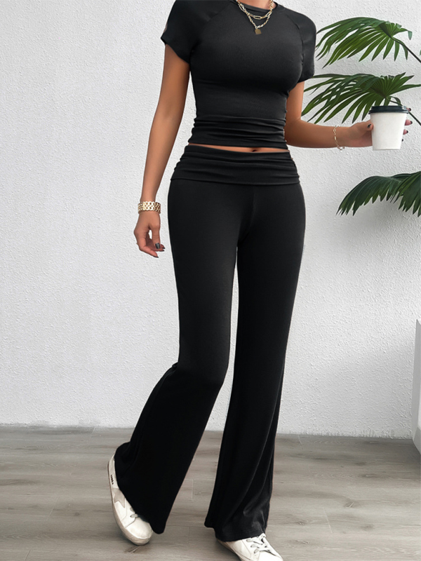 Summer Outfits- Sportswear Duo Tee & Wide Waistband Palazzo Pants- - Chuzko Women Clothing