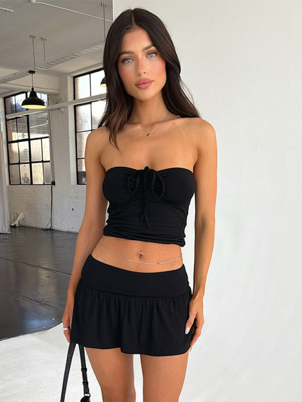 Summer Outfits- Strapless Top and Mini Skirt - Summer Bandeau Set- Black- Chuzko Women Clothing