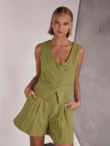 Summer Outfits- Summer Duo Casual Shorts & Asymmetric Button-Up Vest for Women- Green- Chuzko Women Clothing