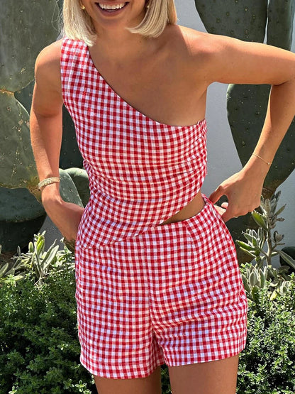 Summer Outfits- Summer Gingham Two-Piece Set - One-shoulder Top & Shorts- - Chuzko Women Clothing