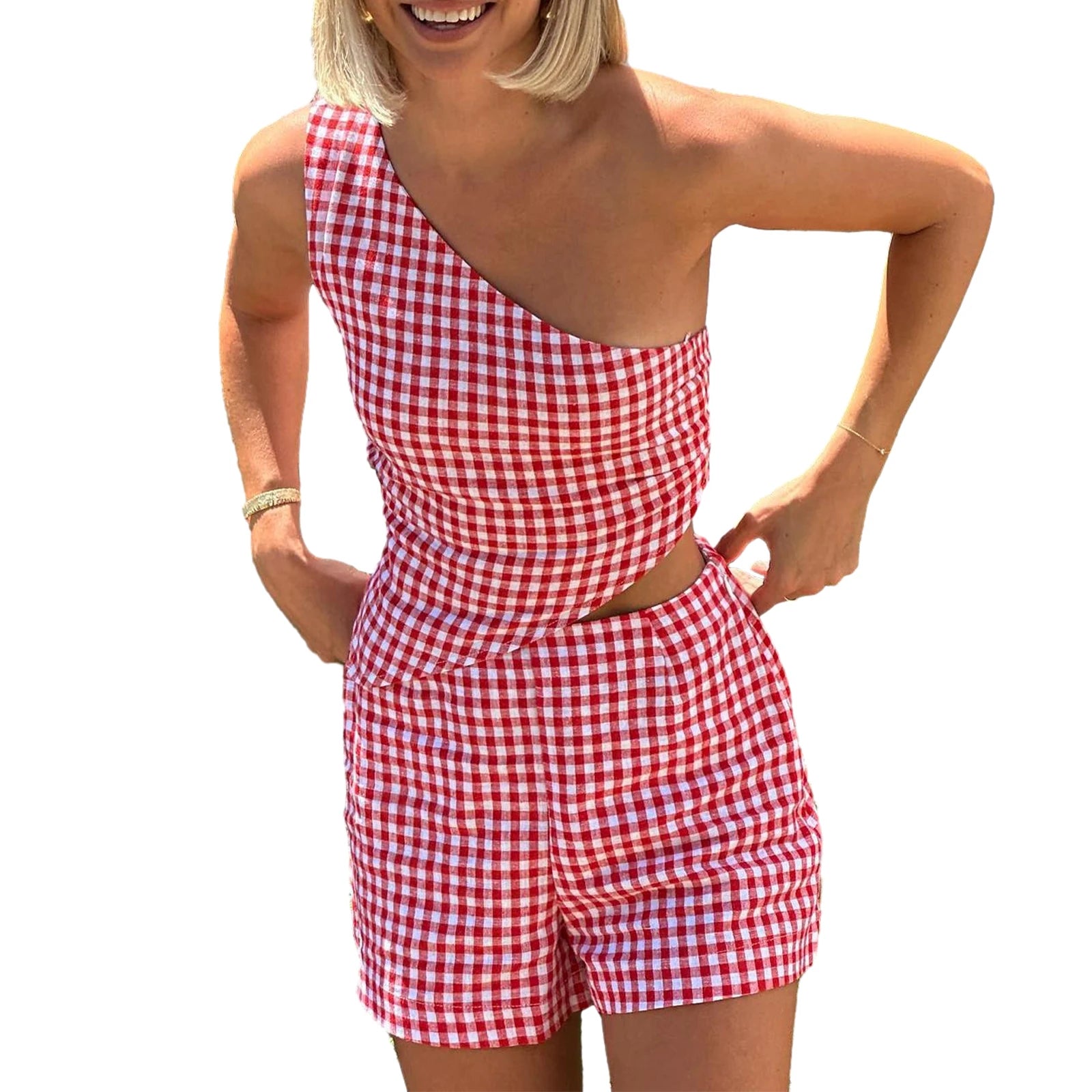 Summer Outfits- Summer Gingham Two-Piece Set - One-shoulder Top & Shorts- Red- Chuzko Women Clothing