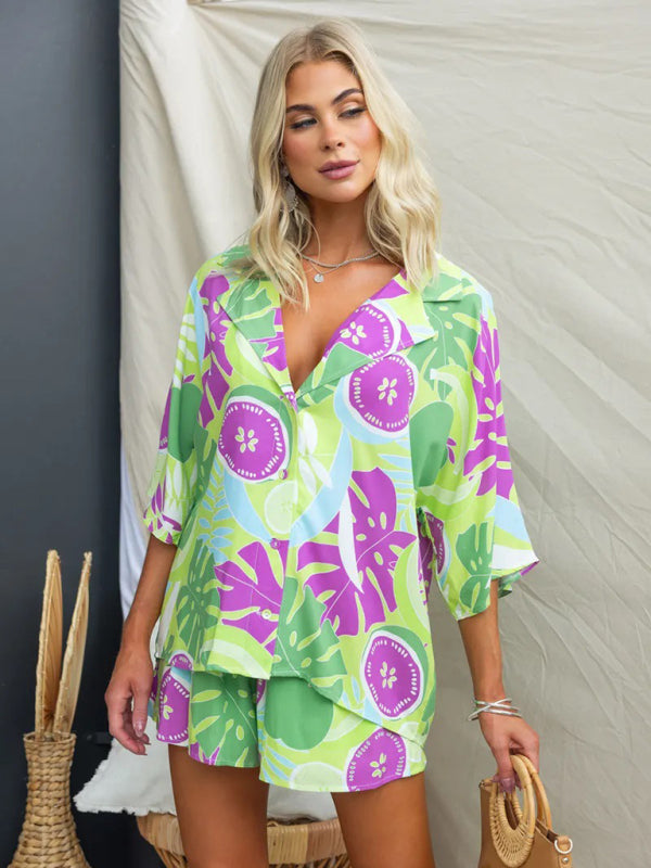 Summer Outfits- Tropical Summer Vacay Outfit - Loose Button-Up Lapel Blouse & Shorts- - Chuzko Women Clothing