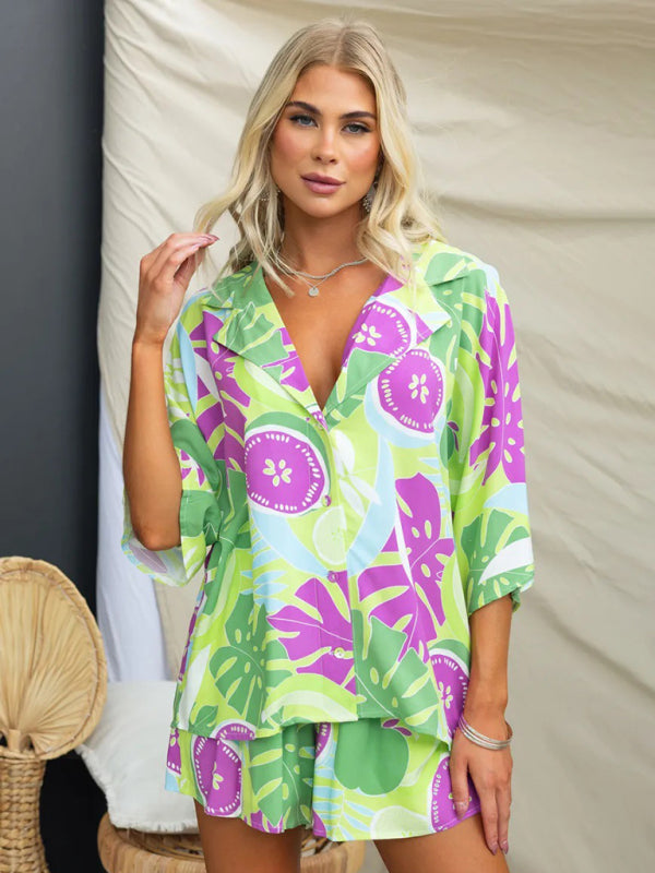 Summer Outfits- Tropical Summer Vacay Outfit - Loose Button-Up Lapel Blouse & Shorts- - Chuzko Women Clothing