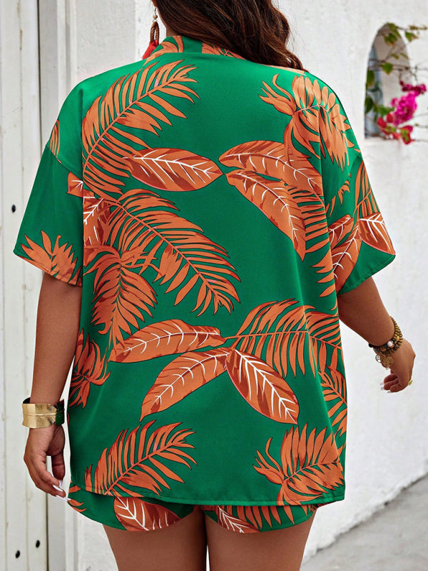 Summer Outfits- Tropical Women's Hawaiian Vacation Set with Open Shirt & Shorts- - Chuzko Women Clothing