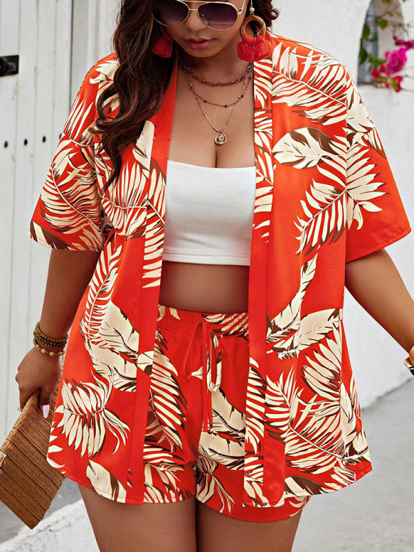 Summer Outfits- Tropical Women's Hawaiian Vacation Set with Open Shirt & Shorts- Red- Chuzko Women Clothing