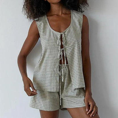 Women Plaid Lace-Up Vest Top and Shorts Set for Summer