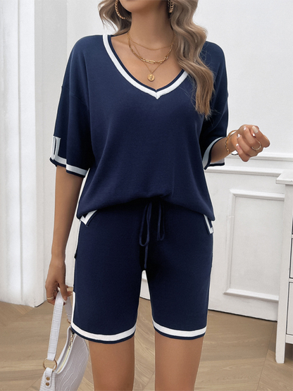 Summer Outfits- Women Relaxed Solid T-shirt and Shorts Set with Contrasting Trim- Champlain color- Chuzko Women Clothing