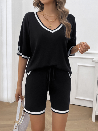 Summer Outfits- Women Relaxed Solid T-shirt and Shorts Set with Contrasting Trim- - Chuzko Women Clothing