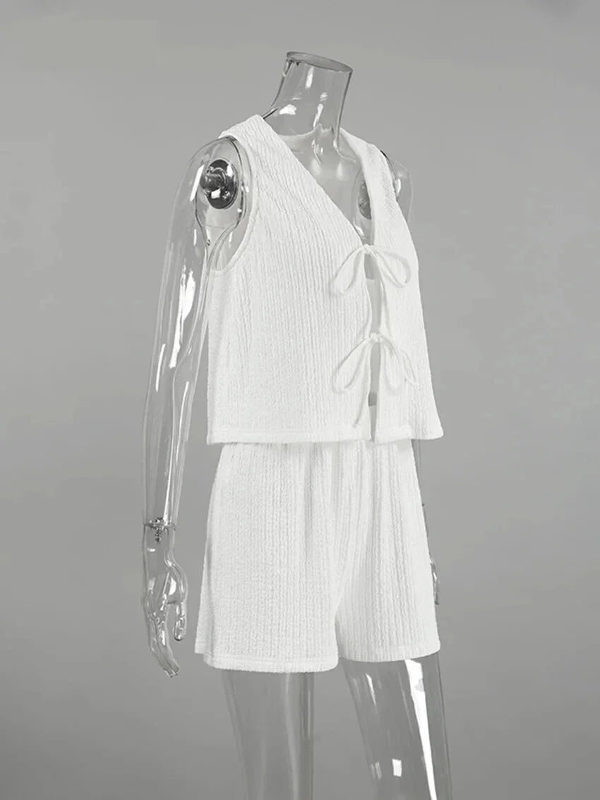 Women's Crisp White Textured Shorts & Tie-Up Vest Set