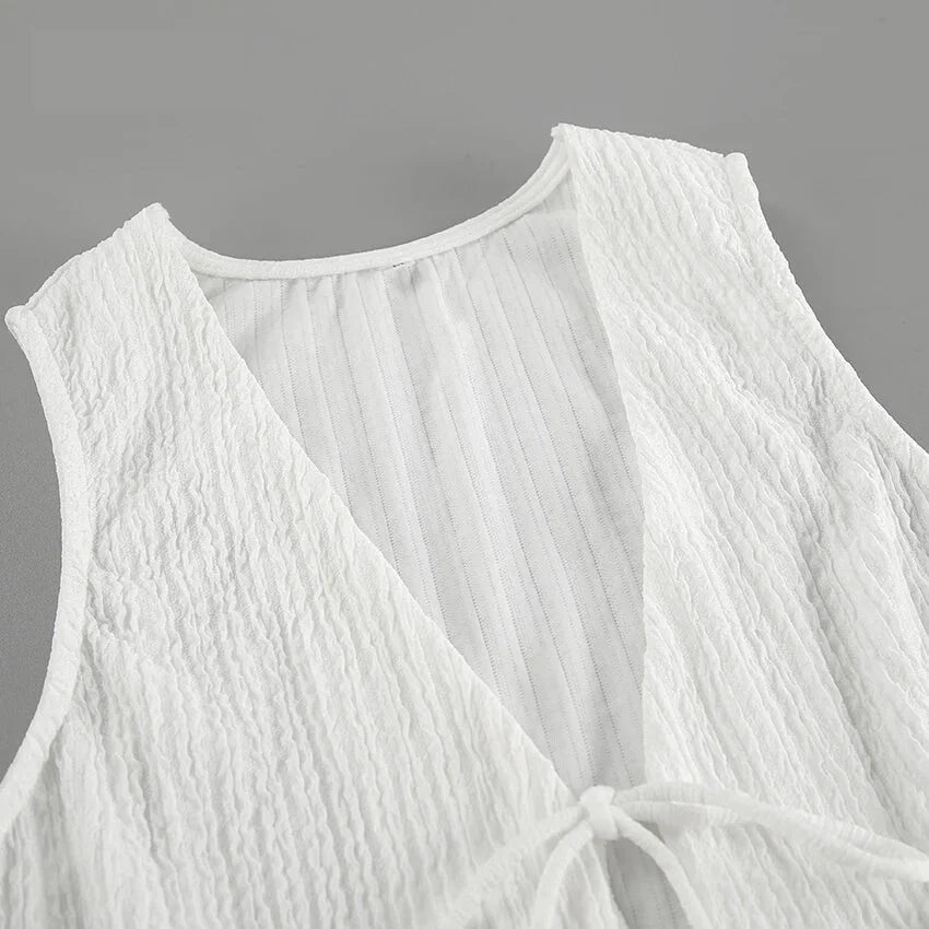 Women's Crisp White Textured Shorts & Tie-Up Vest Set