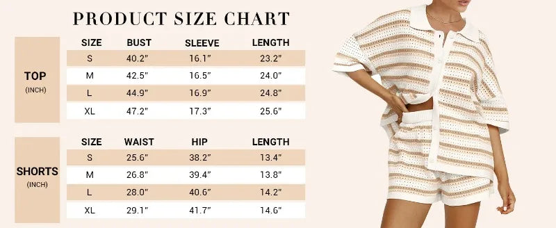 Summer Outfits- Women's Eyelet Knit Shorts and Shirt - Loose-Fit Striped Set for Summer- - Chuzko Women Clothing