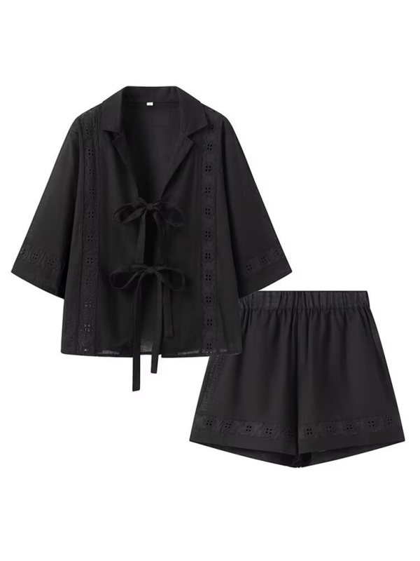 Summer Outfits- Women's Lace-Up Blouse Shirt and Shorts for Summer- Black- Chuzko Women Clothing