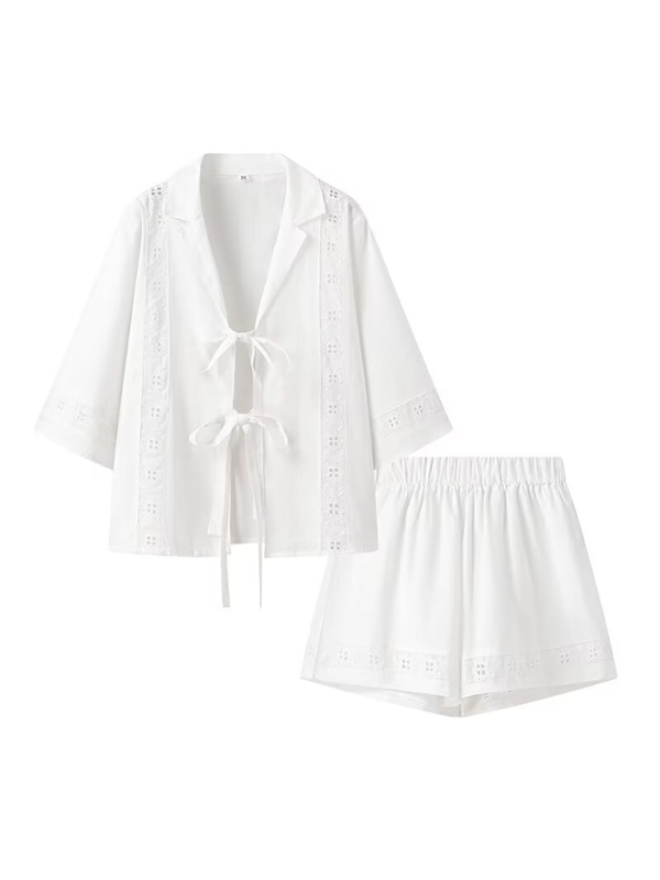 Summer Outfits- Women's Lace-Up Blouse Shirt and Shorts for Summer- - Chuzko Women Clothing