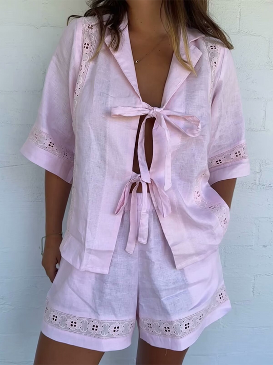 Women's Lace-Up Blouse Shirt and Shorts for Summer