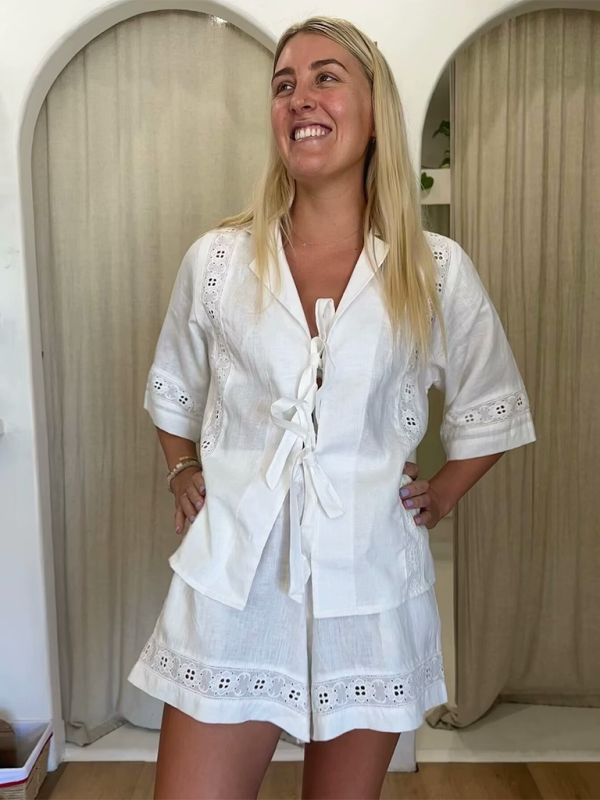 Summer Outfits- Women's Lace-Up Blouse Shirt and Shorts for Summer- White- Chuzko Women Clothing