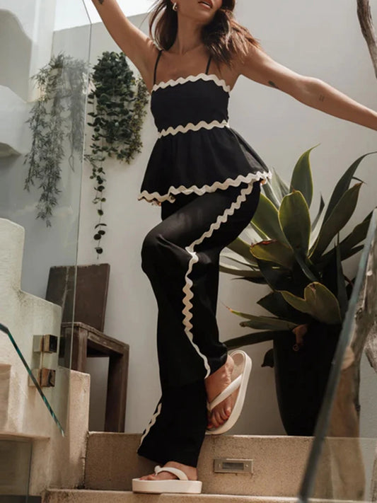 Women's Peplum Cami Top & Pants Set with Ric-Rac Contrast