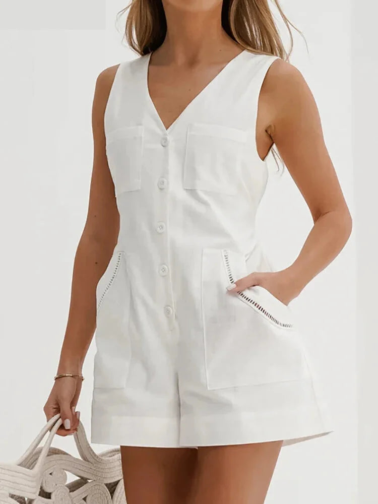 Women's Solid Cotton Button-Up Playsuit Romper for Summer Strolls