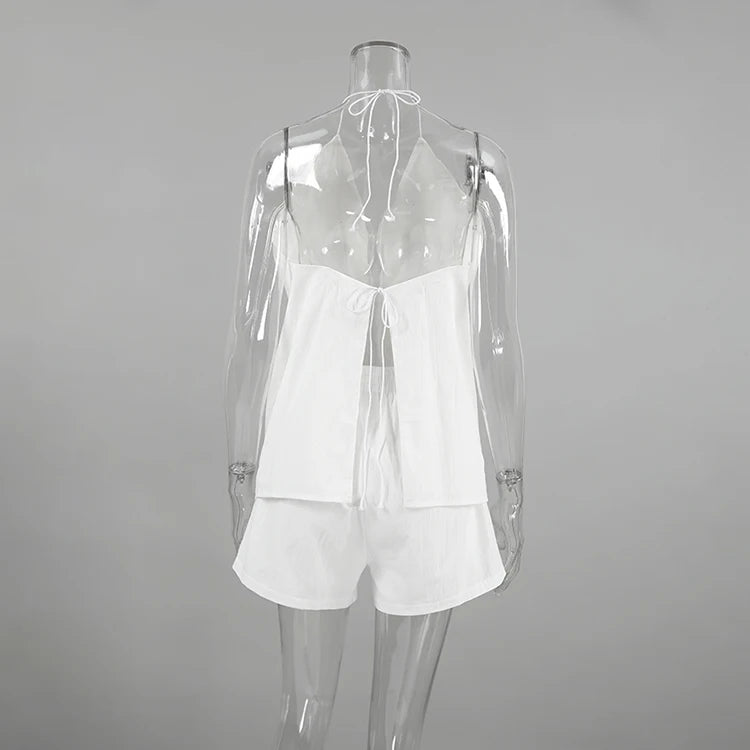 Women's White Halter Backless Tie-up Top with Lined Shorts
