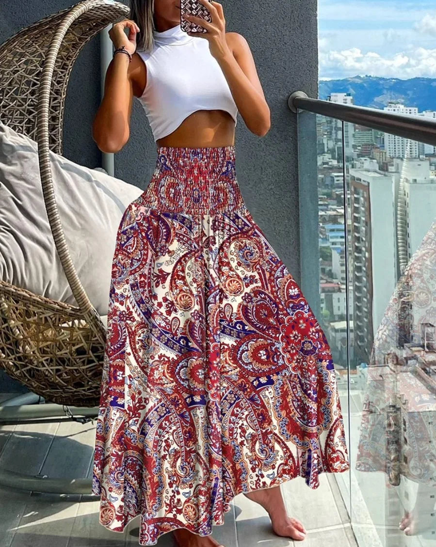 Summer Pants- Boho Floral Skirt for Beach Outings- Red- Chuzko Women Clothing