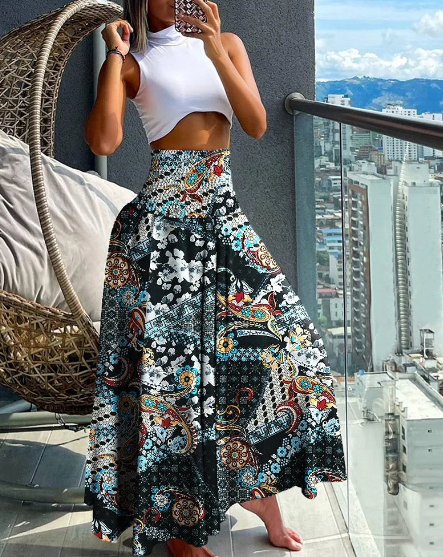 Summer Pants- Boho Floral Skirt for Beach Outings- Black- Chuzko Women Clothing