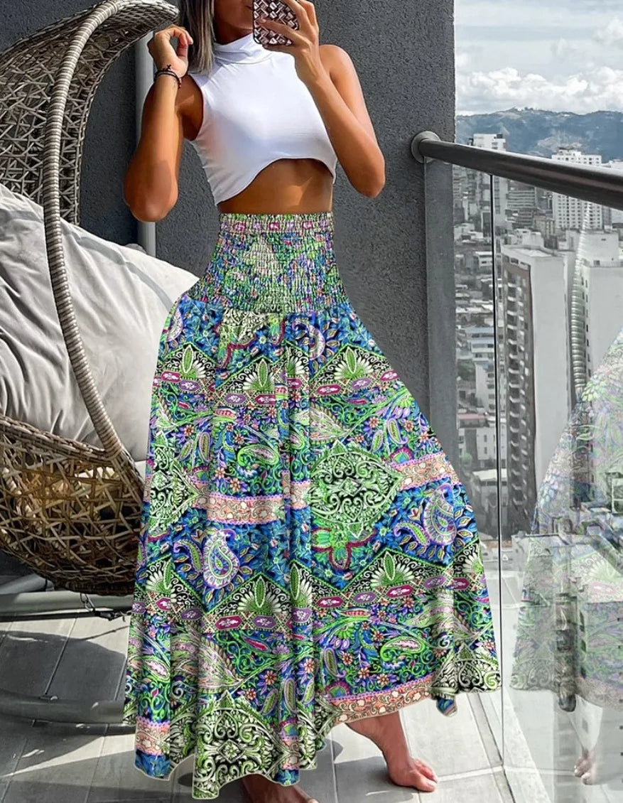 Summer Pants- Boho Floral Skirt for Beach Outings- Green- Chuzko Women Clothing