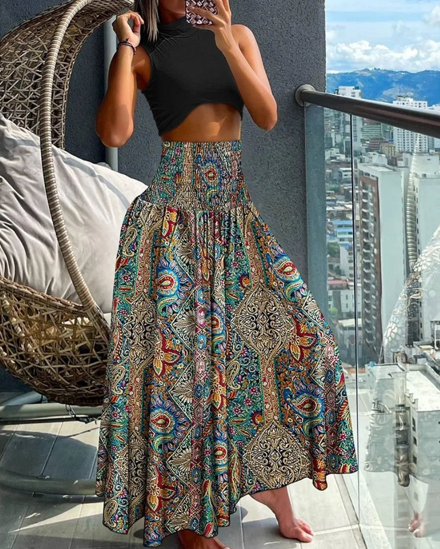 Summer Pants- Boho Floral Skirt for Beach Outings- blue print- Chuzko Women Clothing