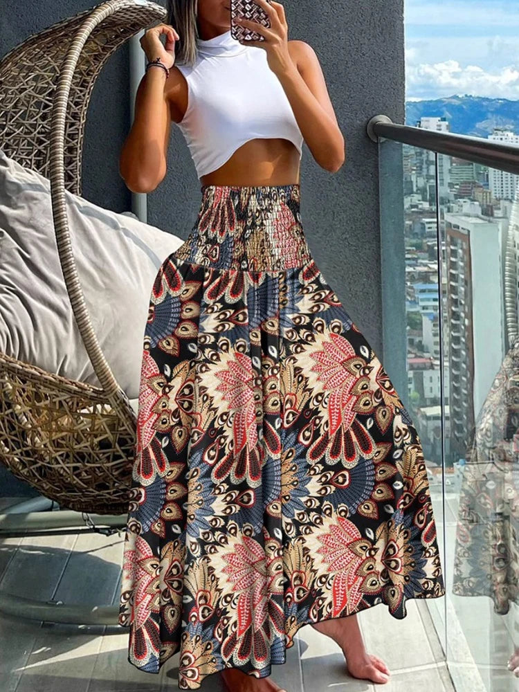 Summer Pants- Boho Floral Skirt for Beach Outings- - Chuzko Women Clothing