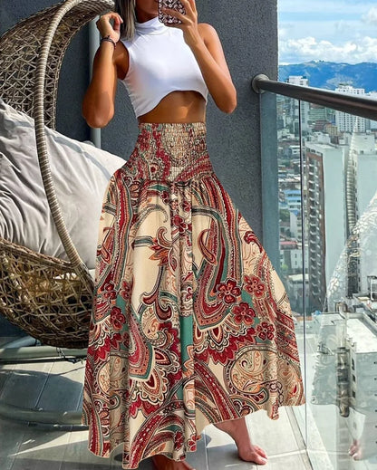 Summer Pants- Boho Floral Skirt for Beach Outings- APRICOT- Chuzko Women Clothing