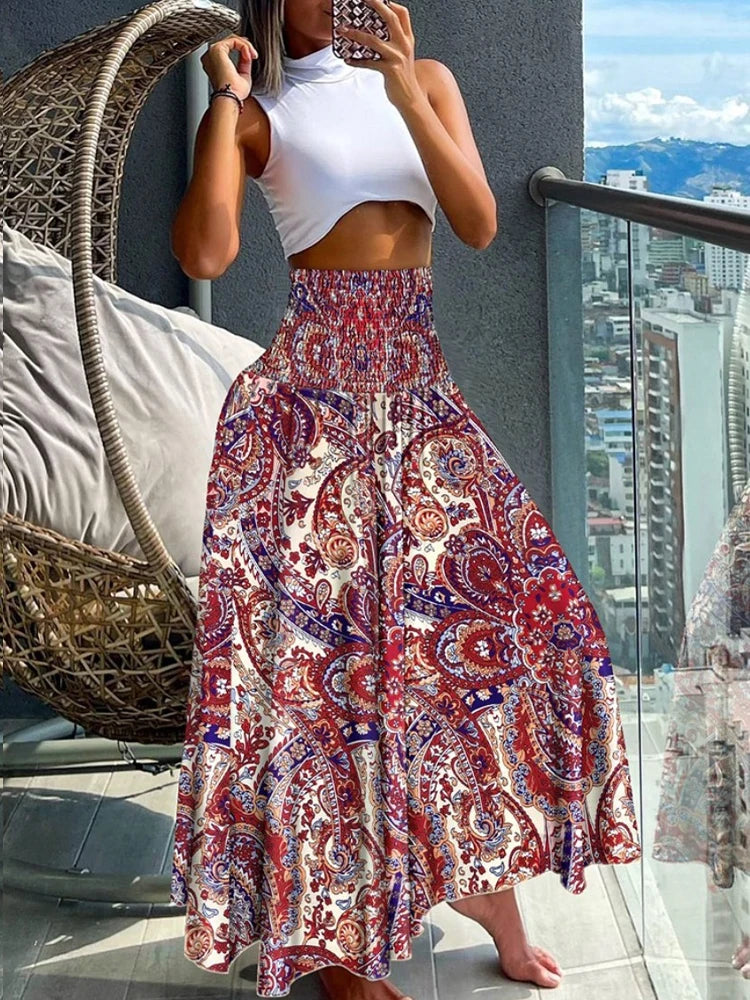 Summer Pants- Boho Floral Skirt for Beach Outings- - Chuzko Women Clothing