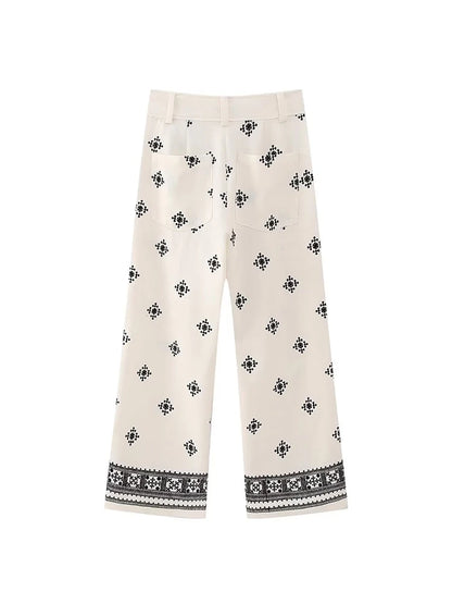 Floral Embroidered High-Waist Linen Pants for Women