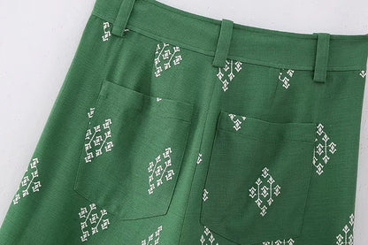 Floral Embroidered High-Waist Linen Pants for Women