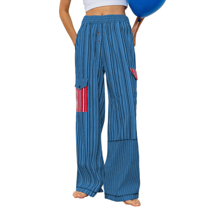 Summer Pants- Women's Patchwork Striped Lounge Pants for Beach Lounging- Dark blue- Chuzko Women Clothing
