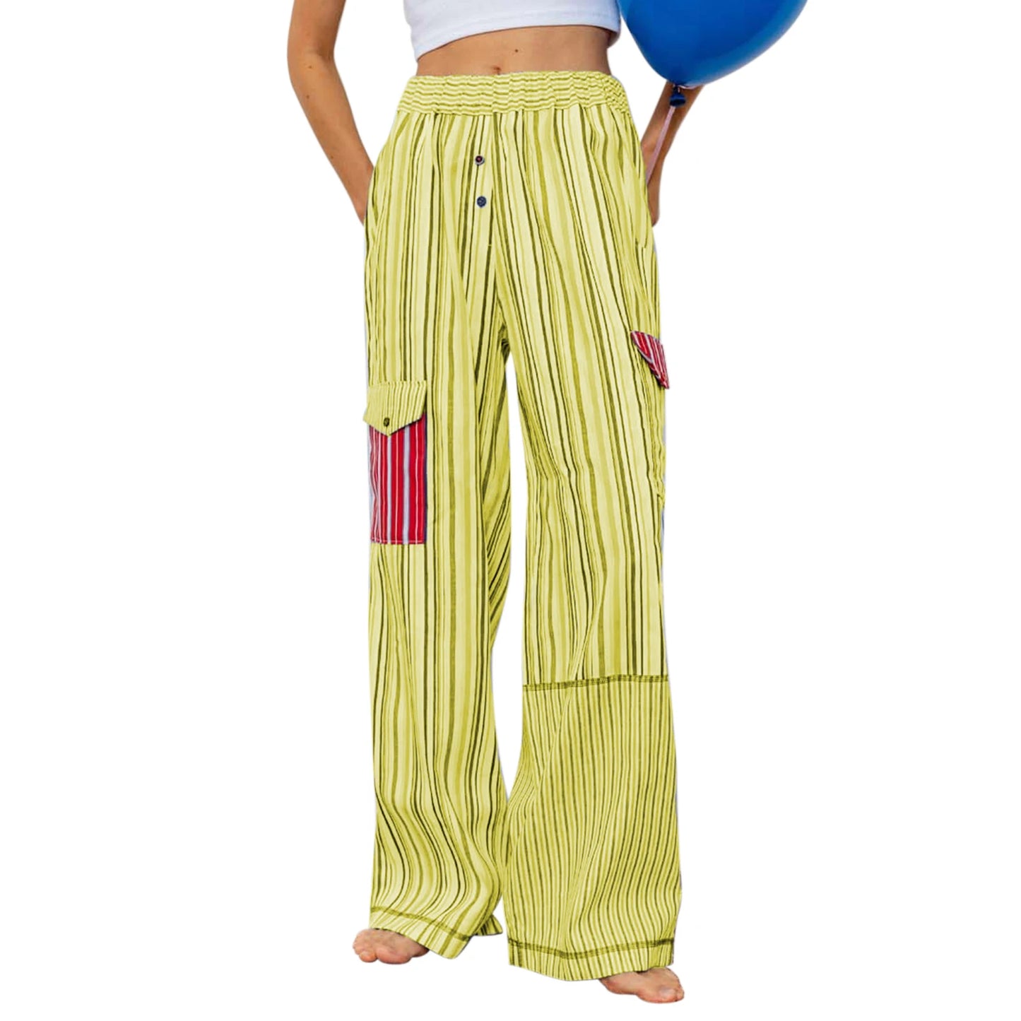 Summer Pants- Women's Patchwork Striped Lounge Pants for Beach Lounging- Yellow- Chuzko Women Clothing