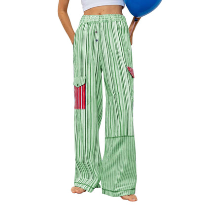 Summer Pants- Women's Patchwork Striped Lounge Pants for Beach Lounging- Green- Chuzko Women Clothing