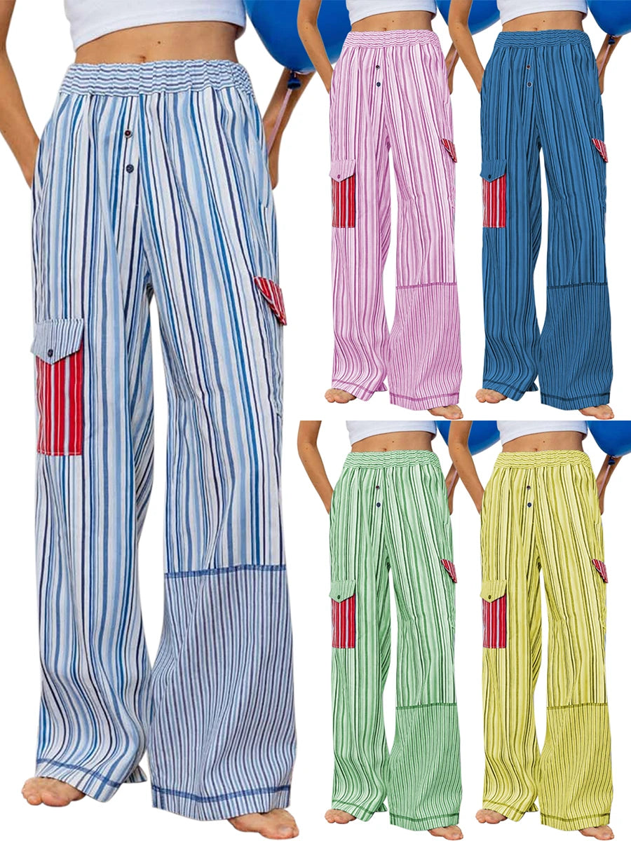 Summer Pants- Women's Patchwork Striped Lounge Pants for Beach Lounging- - Chuzko Women Clothing